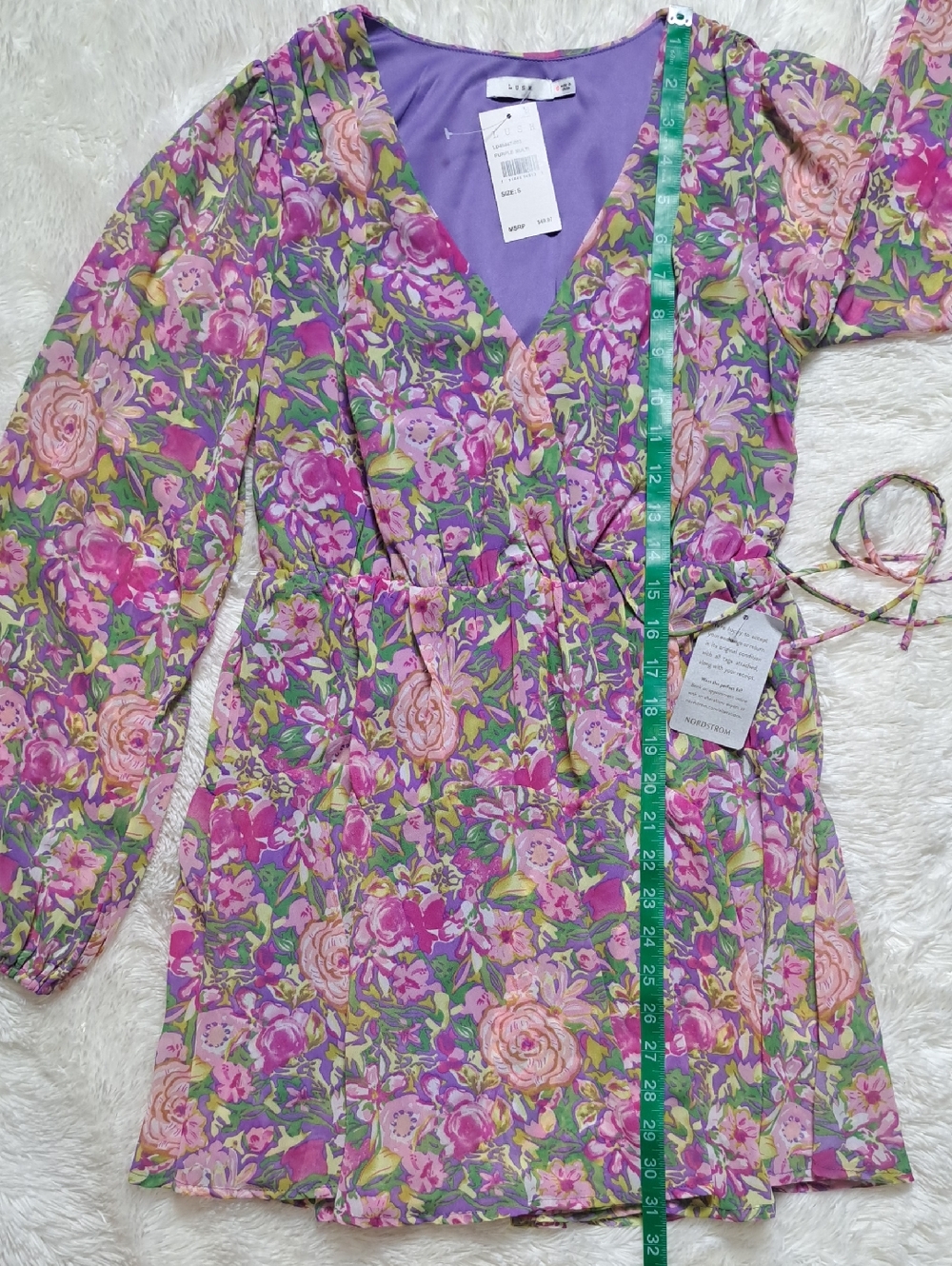 Lush Floral Faux Wrap Long Sleeve Mini Dress Purple Pink NWT Small - Picture 16 of 16